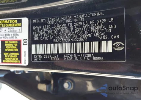 2022 Lexus Es 300H z USA, uszkodzony, nr VIN 58ADA1C1XNU020673